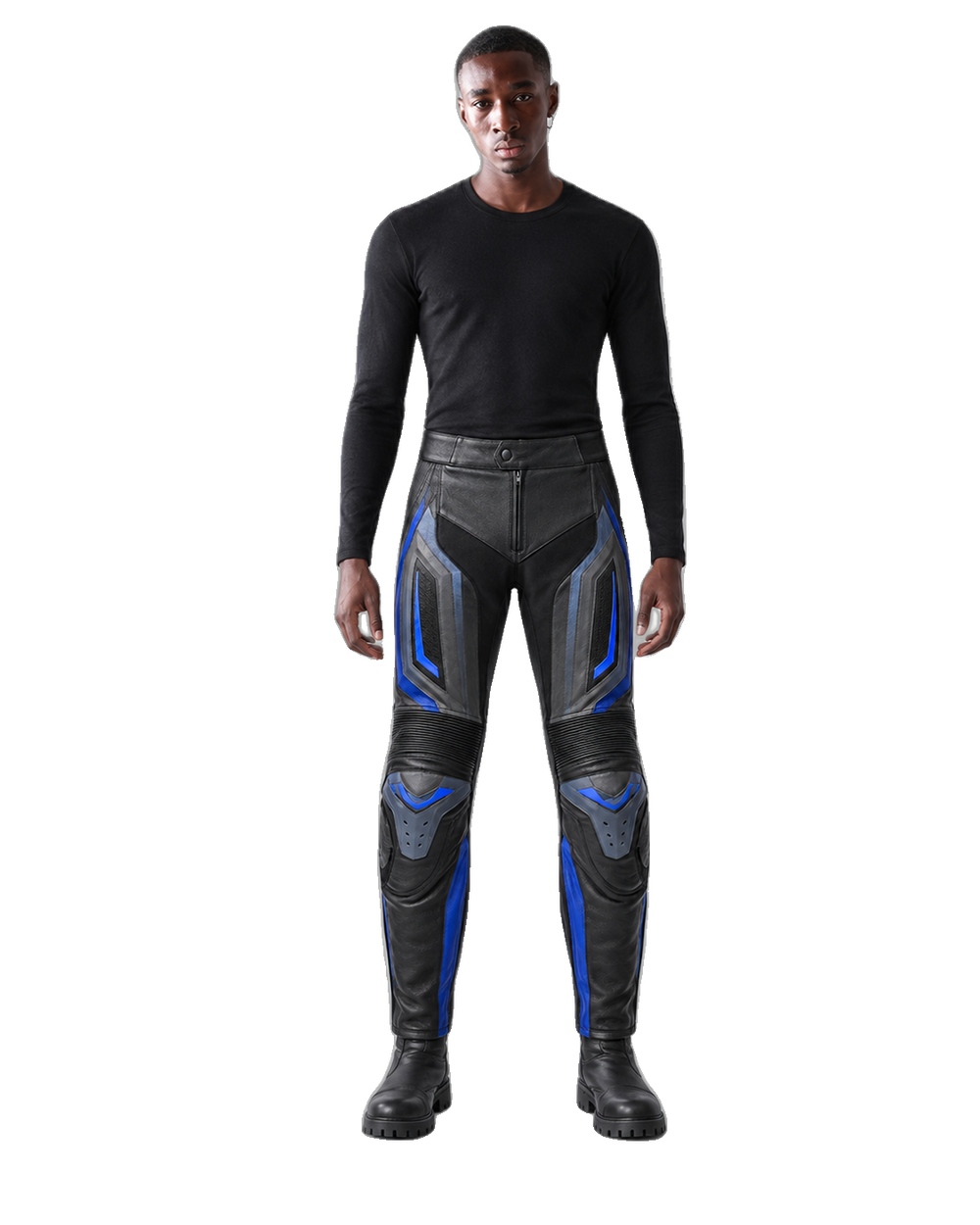 ApexGrid Leather Motorcycle Racing Pants front view on male model transparent background