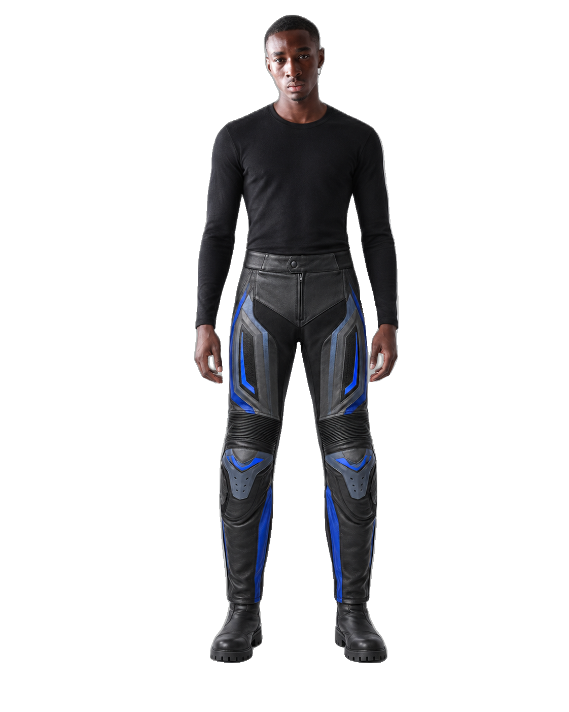 ApexGrid Leather Motorcycle Racing Pants front view on male model transparent background