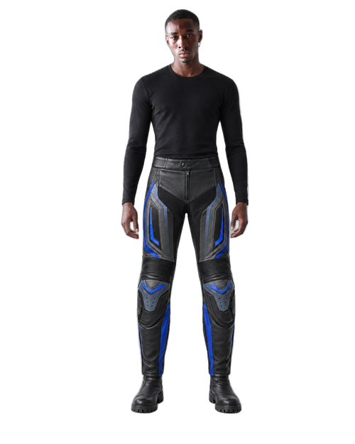 ApexGrid Leather Motorcycle Racing Pants front view on male model transparent background