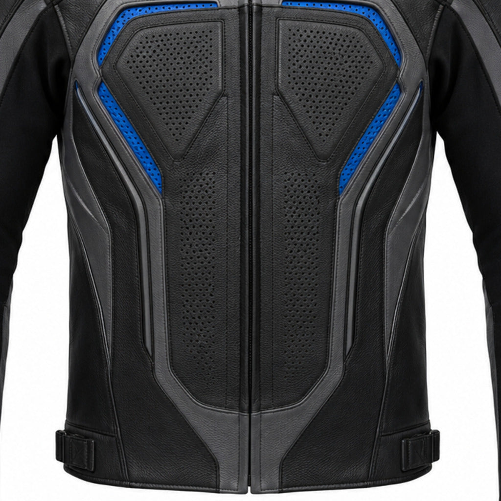 ApexGrid R Leather Motorcycle Racing Jacket leather panels stitching and hardware detail