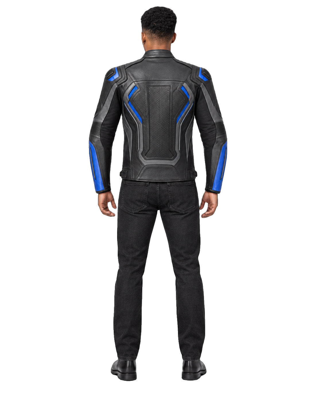 ApexGrid R Leather Motorcycle Racing Jacket back view on male model with transparent background