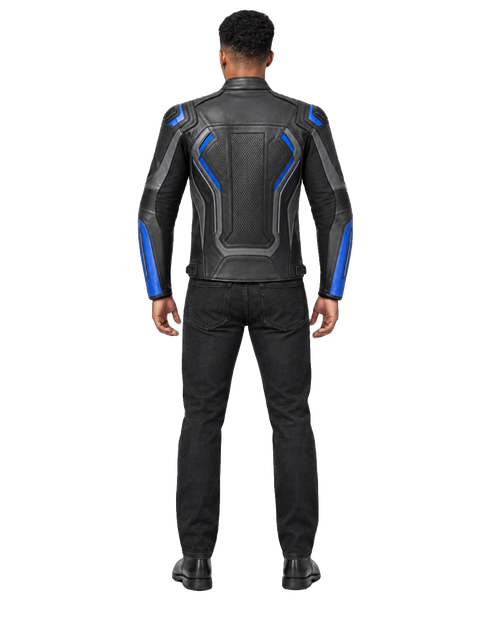 ApexGrid R Leather Motorcycle Racing Jacket back view on male model with transparent background