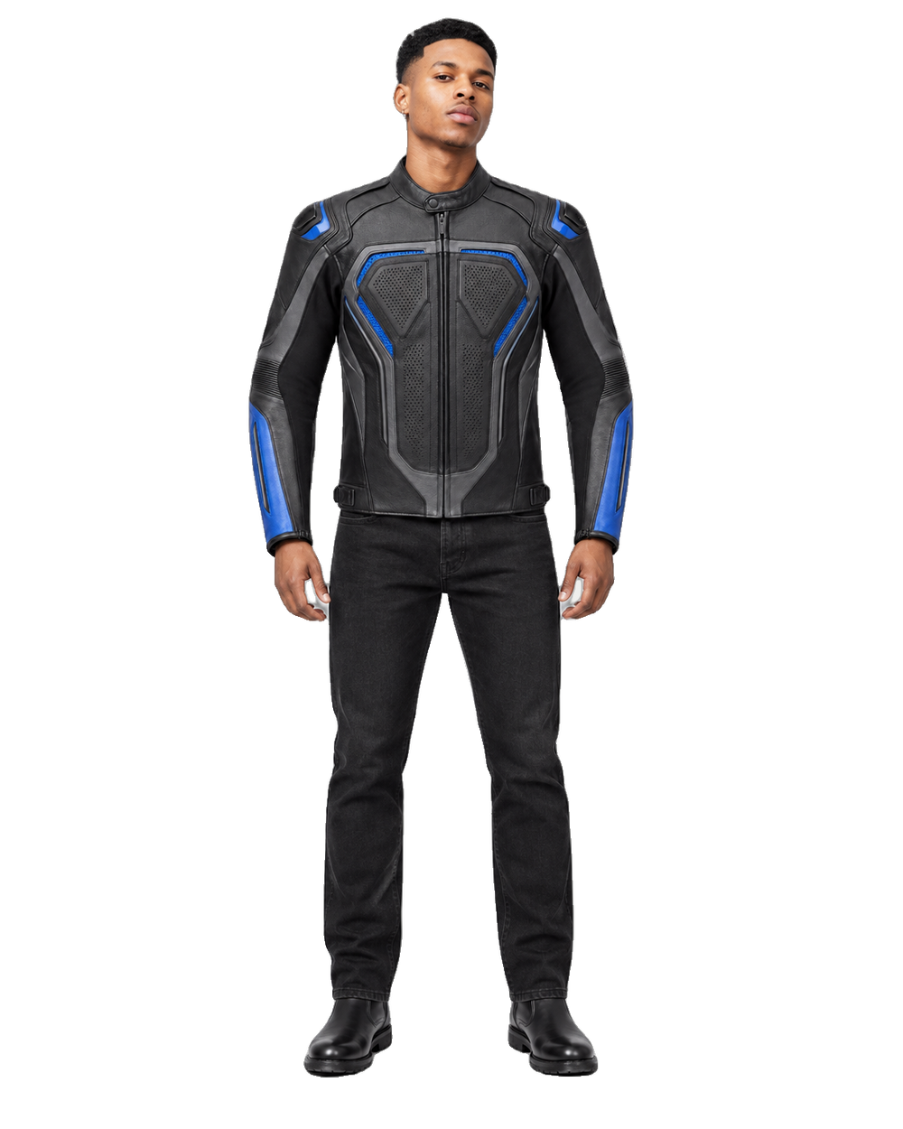 ApexGrid R Leather Motorcycle Racing Jacket front view on male model with transparent background