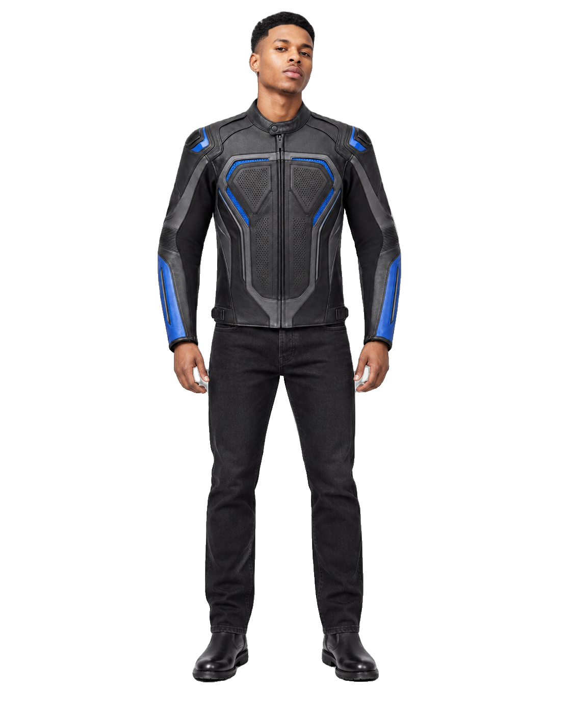 ApexGrid R Leather Motorcycle Racing Jacket front view on male model with transparent background