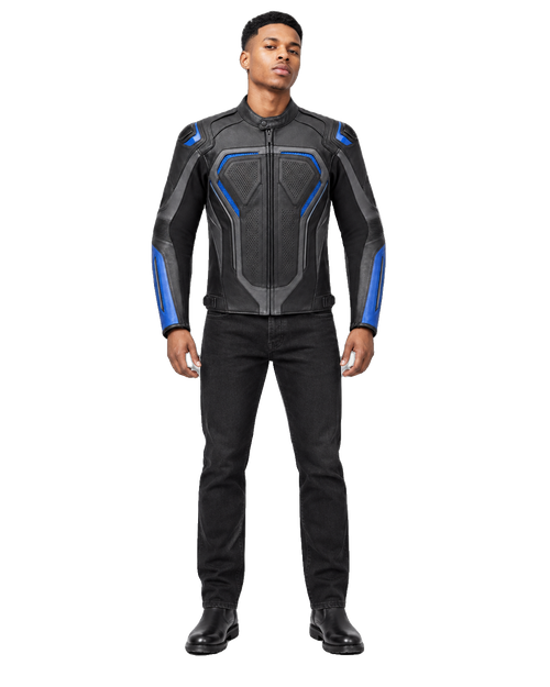 ApexGrid R Leather Motorcycle Racing Jacket front view on male model with transparent background