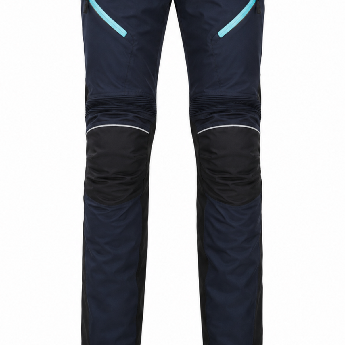 AquaShield navy aqua waterproof textile motorcycle pants — knee, lower-leg and cuff detail