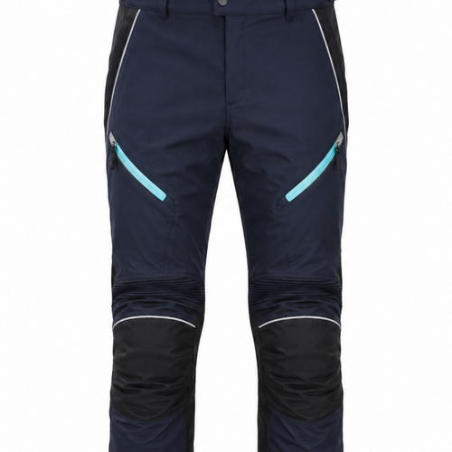 AquaShield navy aqua waterproof textile motorcycle pants — waist, pocket and upper-panel detail