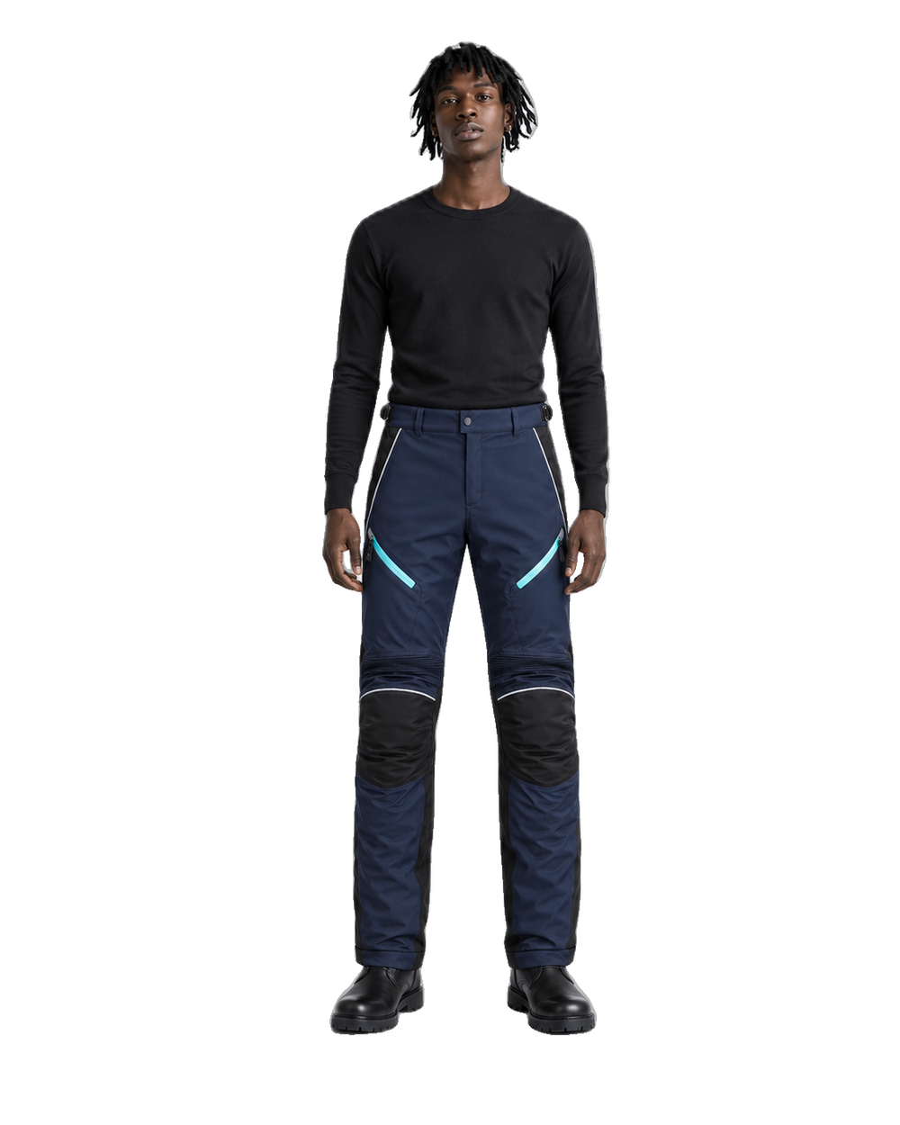 AquaShield Navy Aqua Waterproof Textile Motorcycle Pants front view on male model on transparent background