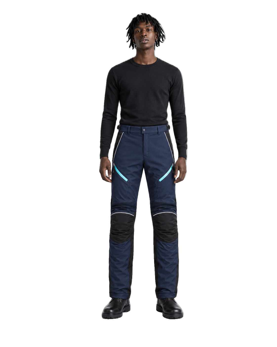 AquaShield Navy Aqua Waterproof Textile Motorcycle Pants front view on male model on transparent background
