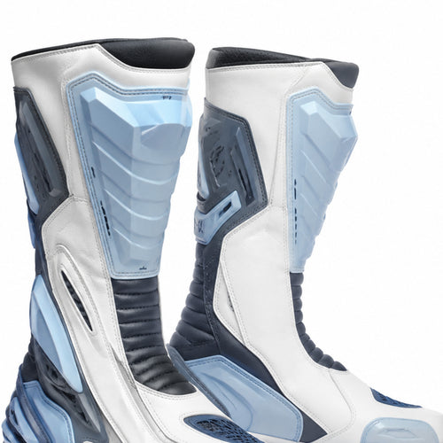 Arctic Velocity Ice Racing Motorcycle Boots – shin closure detail – Ice White / Pale Blue / Charcoal