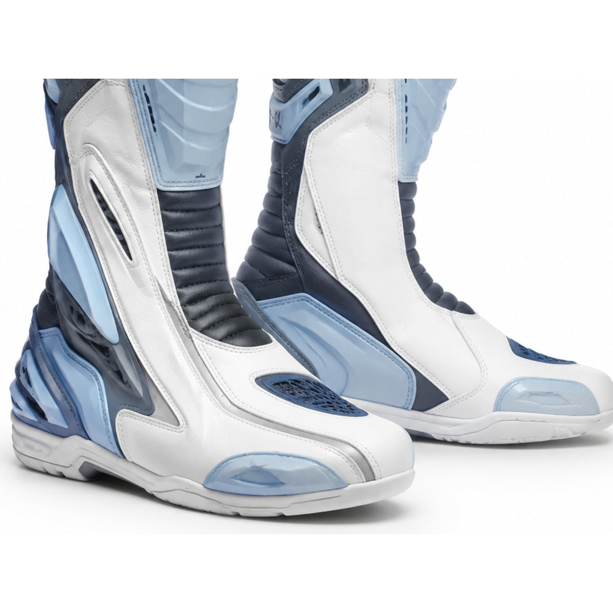 Arctic Velocity Ice Racing Motorcycle Boots – toe ankle sole detail – Ice White / Pale Blue / Charcoal