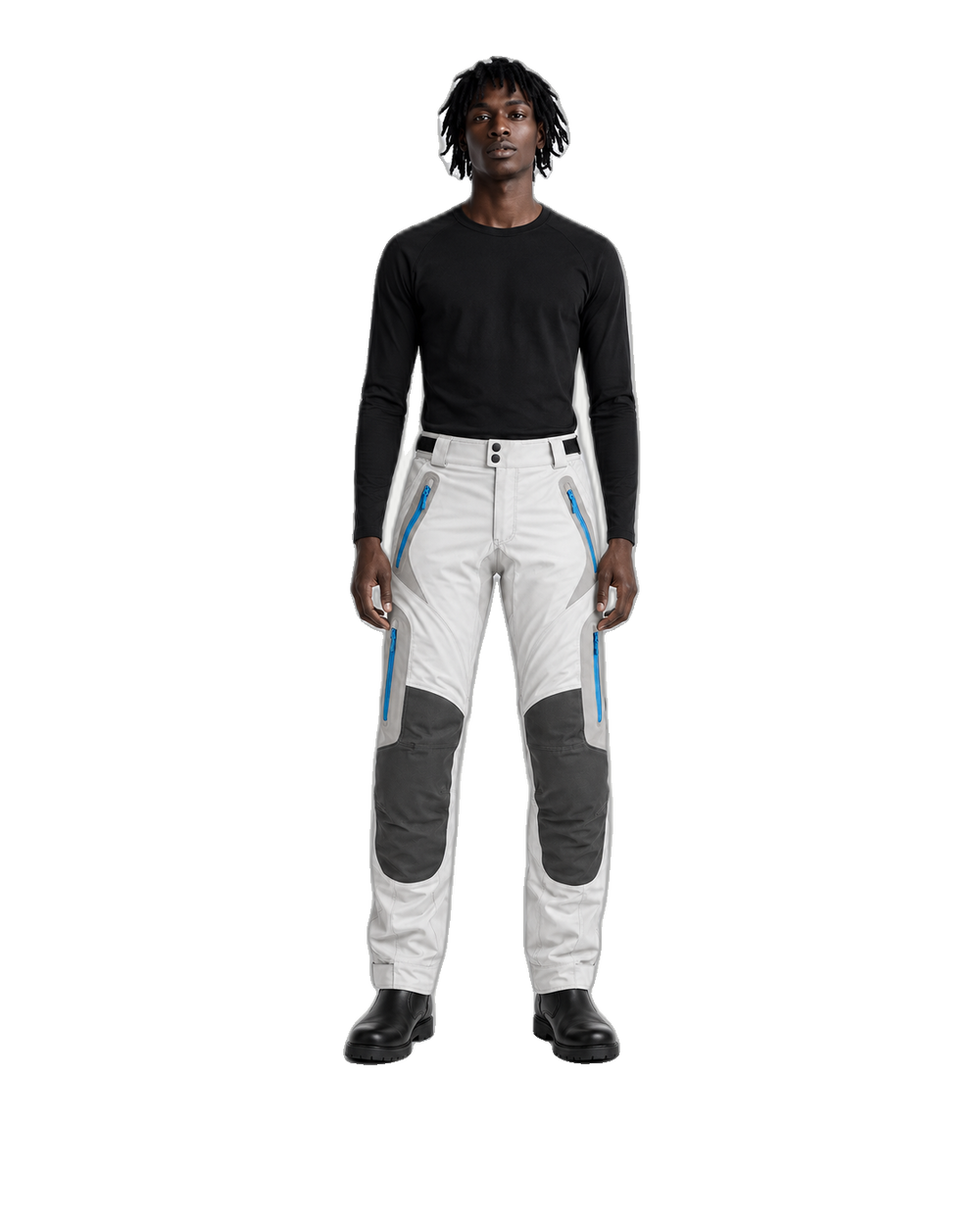 ArcticLine Pearl Ice Waterproof Textile Motorcycle Pants front view on male model on transparent background