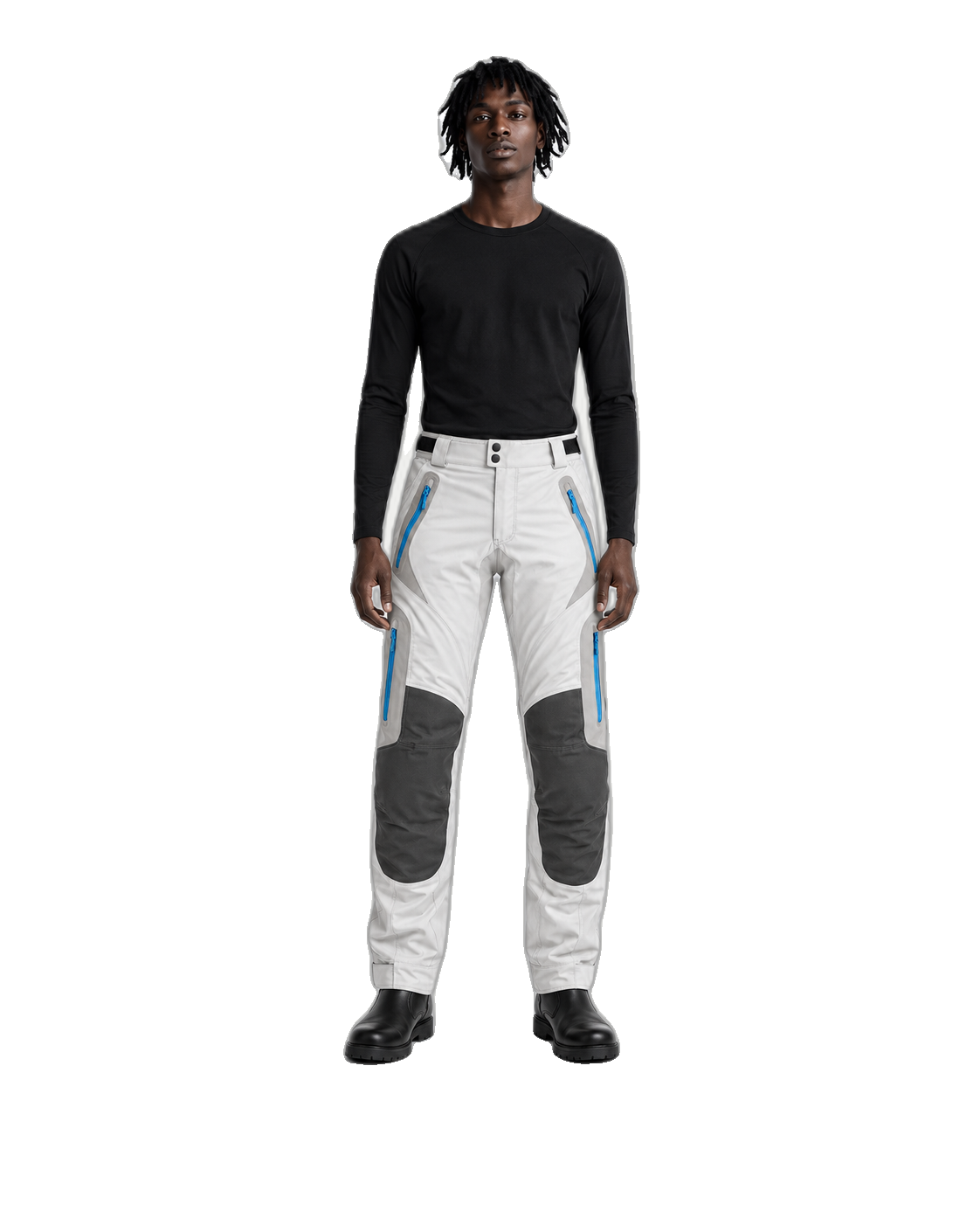ArcticLine Pearl Ice Waterproof Textile Motorcycle Pants front view on male model on transparent background
