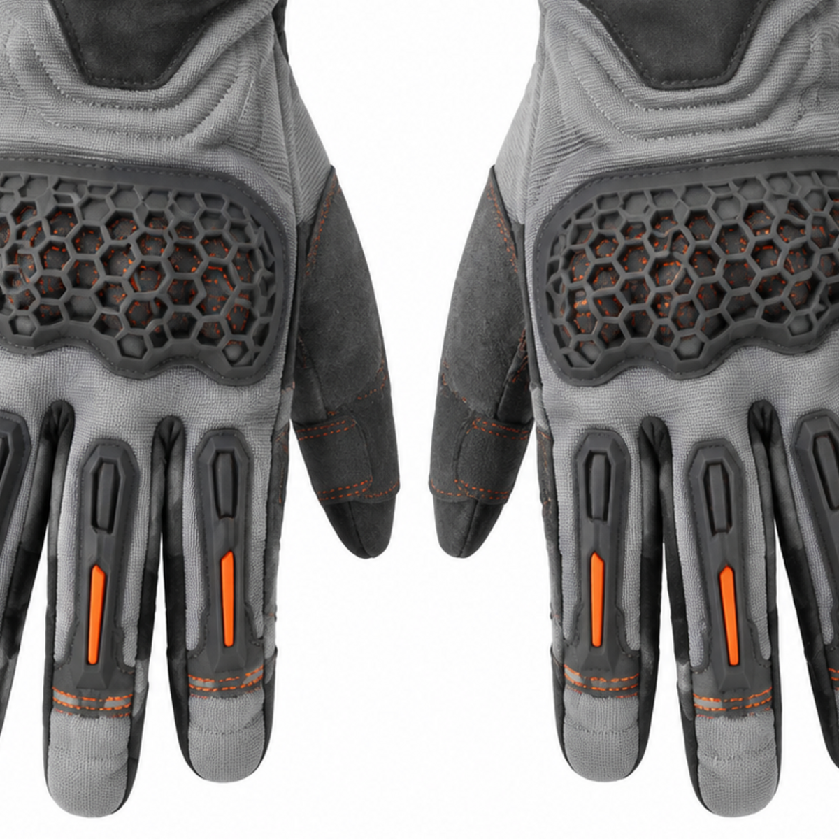 AshRider gray orange street motorcycle gloves — cuff and backhand construction detail