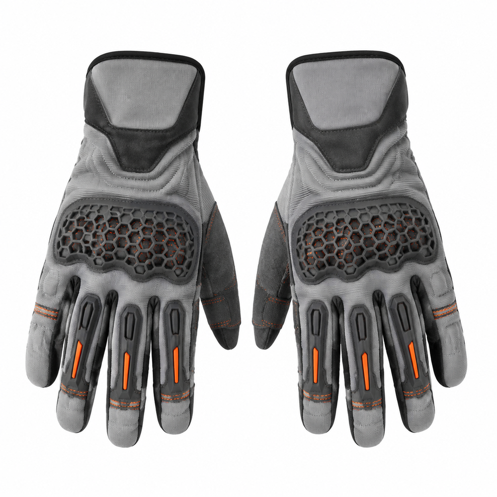 AshRider gray orange street motorcycle gloves — full pair hero view