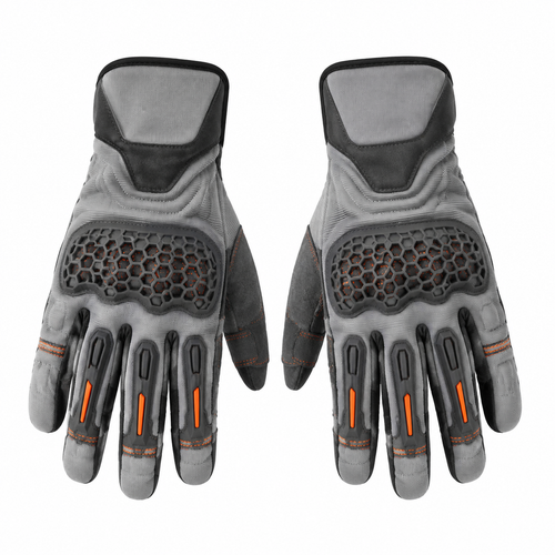 AshRider gray orange street motorcycle gloves — full pair hero view