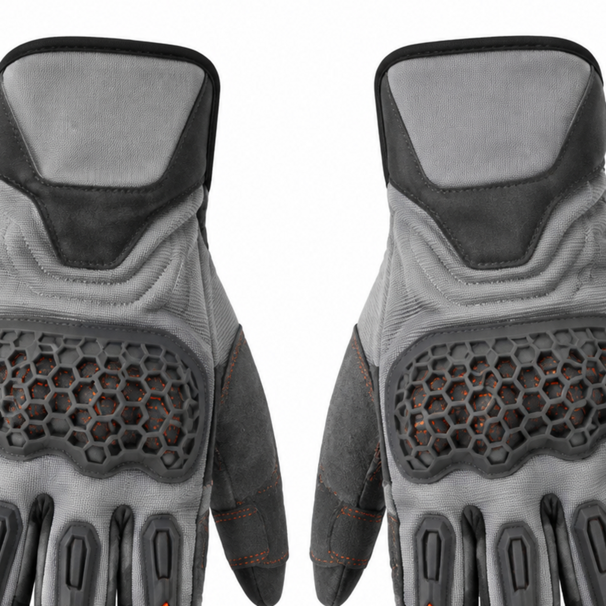 AshRider gray orange street motorcycle gloves — knuckle and finger construction detail