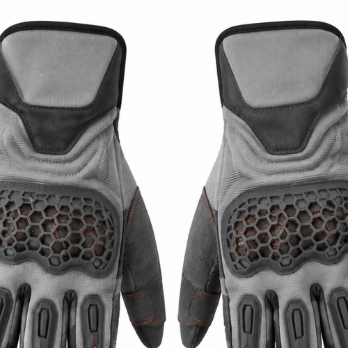 AshRider gray orange street motorcycle gloves — knuckle and finger construction detail
