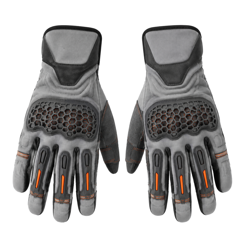 AshRider gray orange street motorcycle gloves — full pair hero view