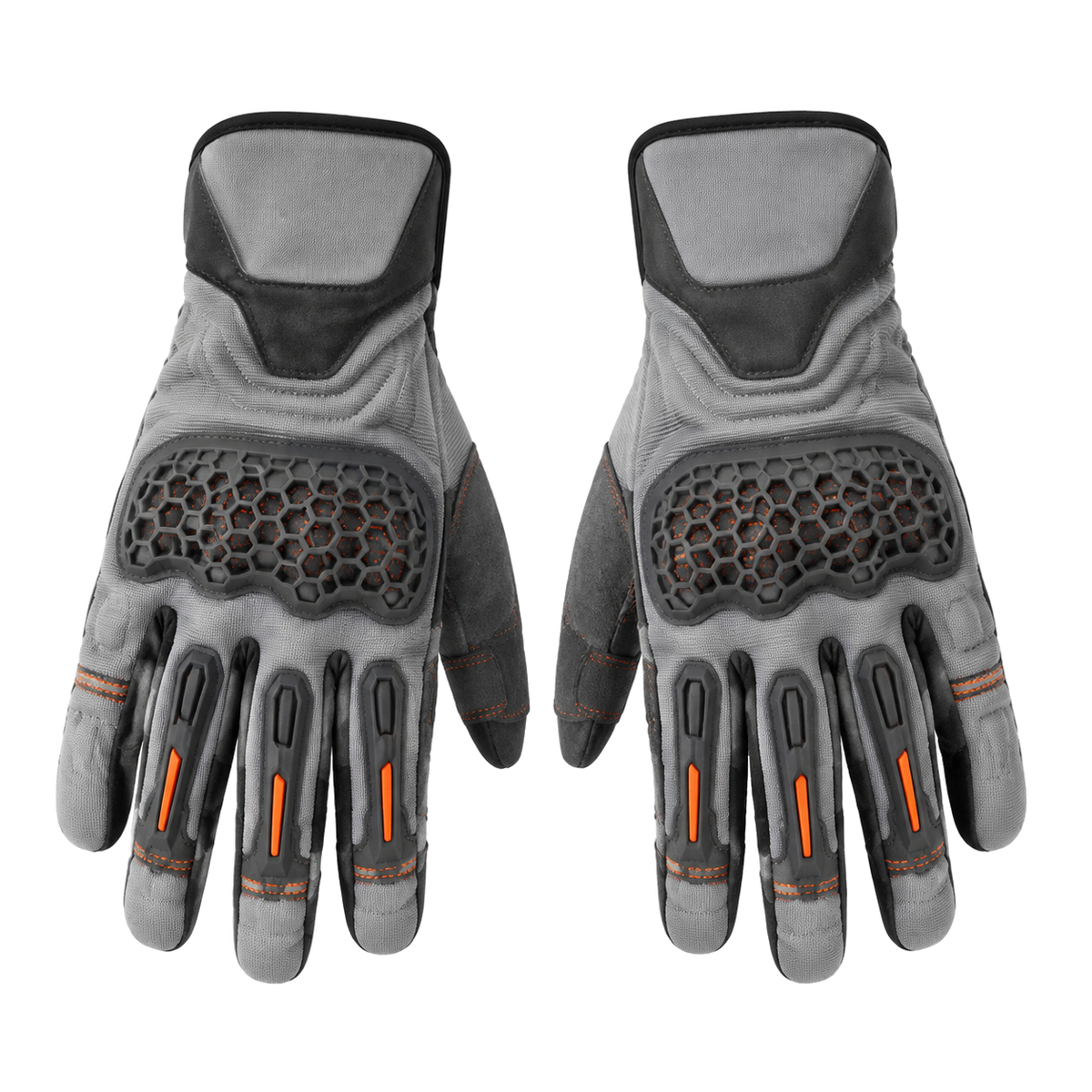 AshRider gray orange street motorcycle gloves — full pair hero view