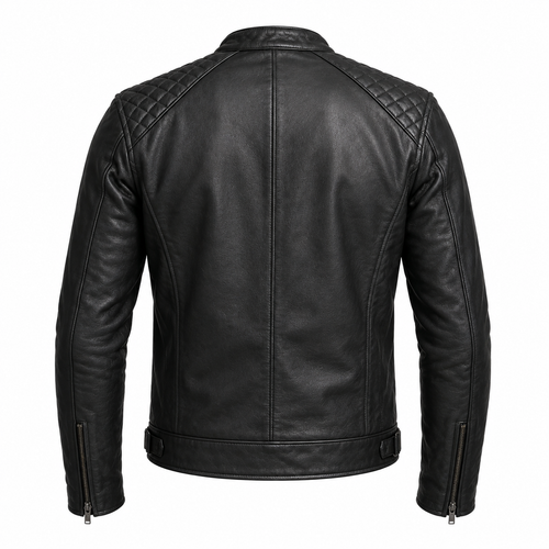 Asphalt Nomad Black Café Racer Leather Jacket rear leather panel view