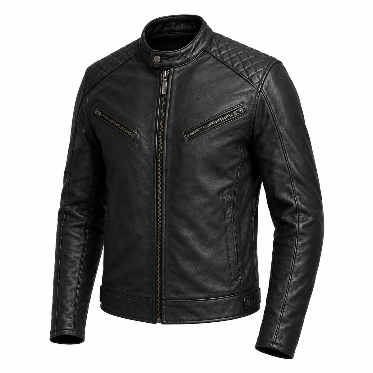 Asphalt Nomad Black Café Racer Leather Jacket three-quarter leather detail view