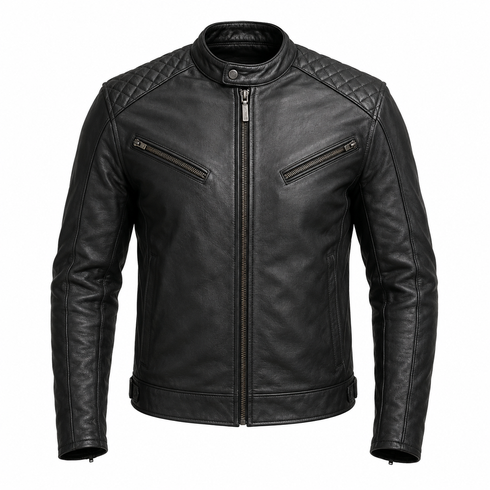 black café racer leather jacket – Asphalt Nomad Black Café Racer Leather Jacket front view