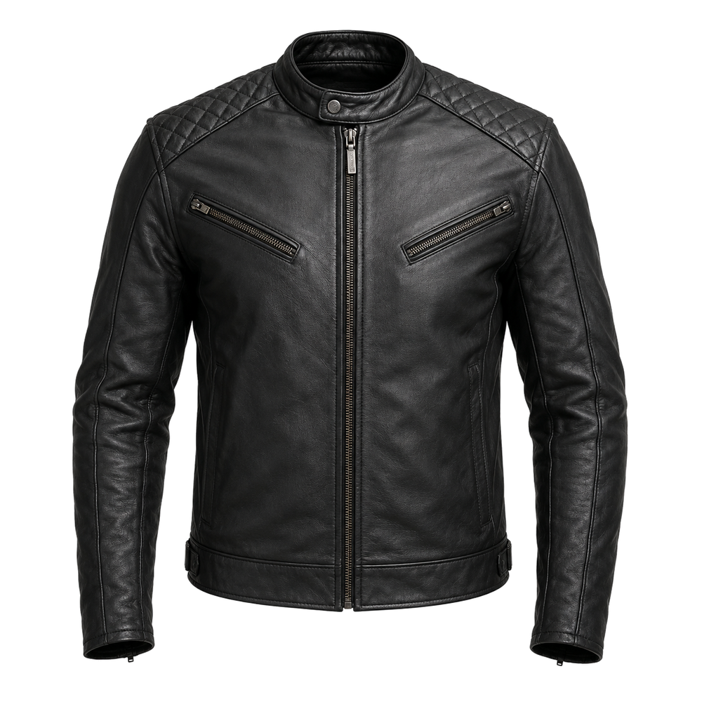 black café racer leather jacket – Asphalt Nomad Black Café Racer Leather Jacket front view