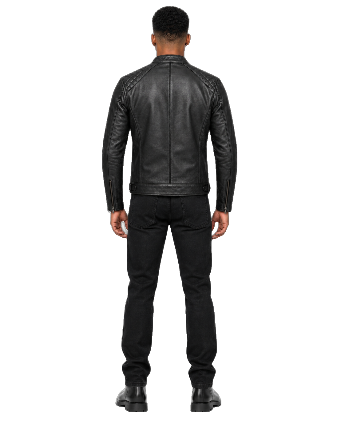 Asphalt Nomad Black Café Racer Leather Jacket back view on male model with transparent background