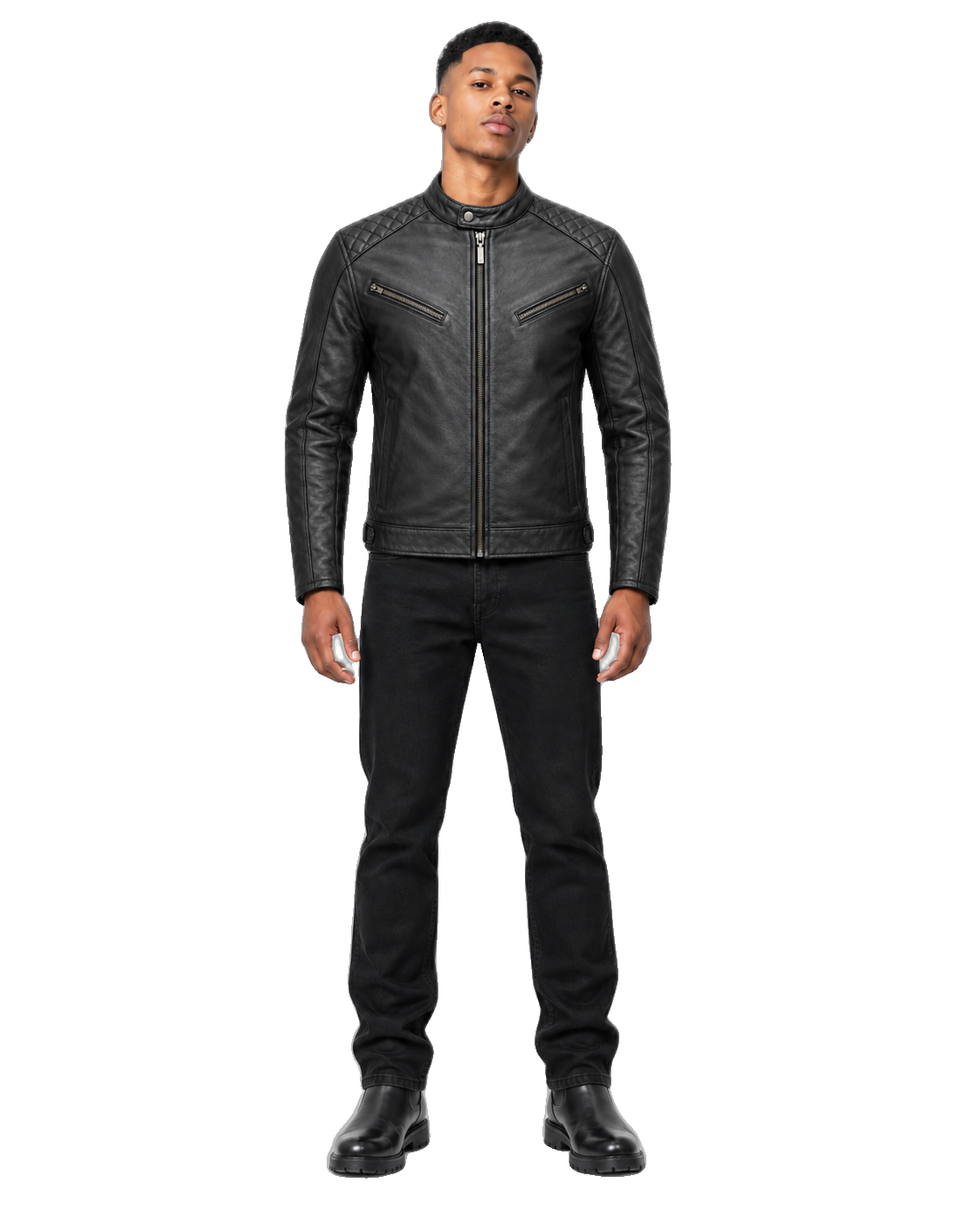 Asphalt Nomad Black Café Racer Leather Jacket front view on male model with transparent background