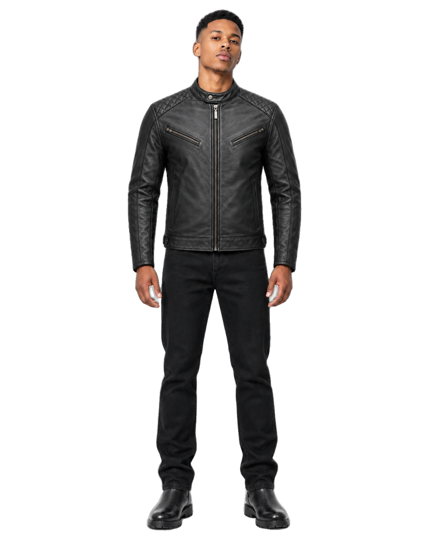 Asphalt Nomad Black Café Racer Leather Jacket front view on male model with transparent background