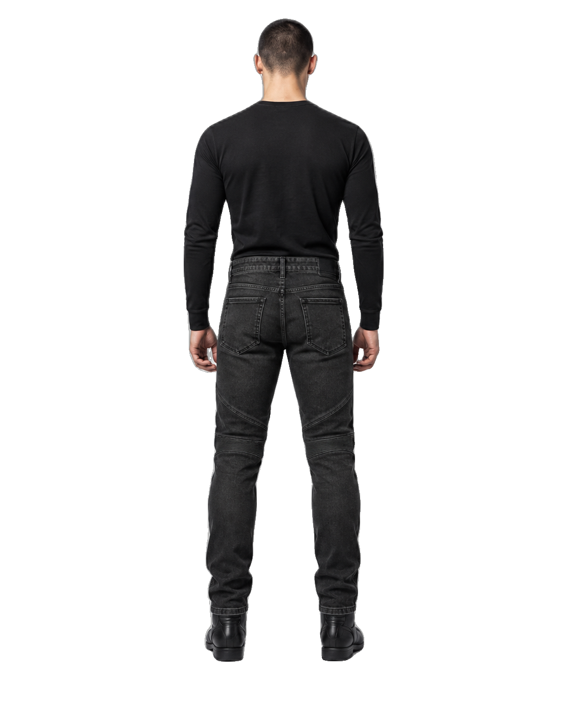 Asphalt Sentinel Armored Motorcycle Riding Jeans back view on male model on transparent background