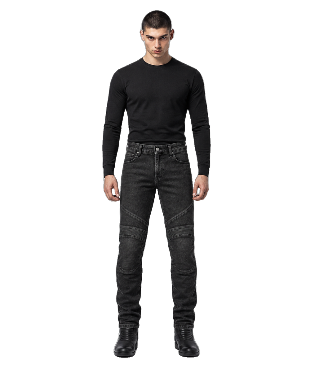 Asphalt Sentinel Armored Motorcycle Riding Jeans front view on male model on transparent background