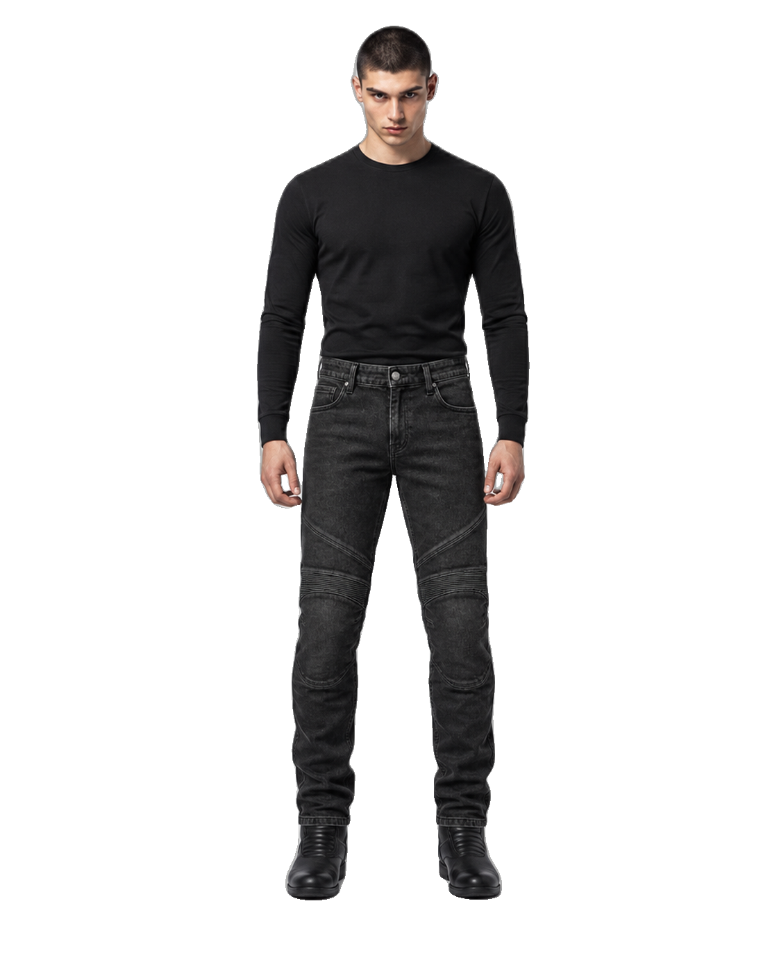 Asphalt Sentinel Armored Motorcycle Riding Jeans front view on male model on transparent background
