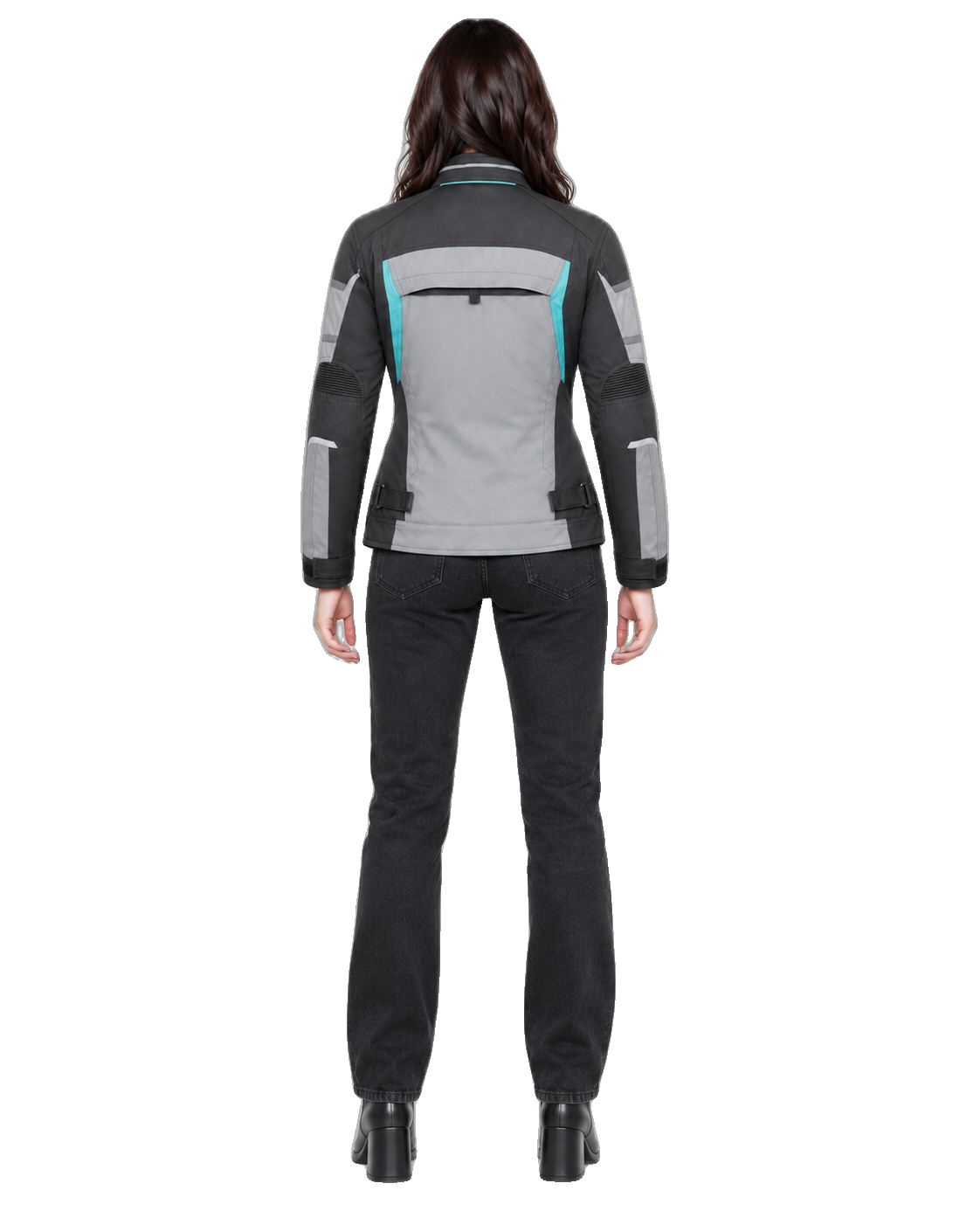 Aurora Passage Women's All-Season Motorcycle Jacket back view on female model with transparent background