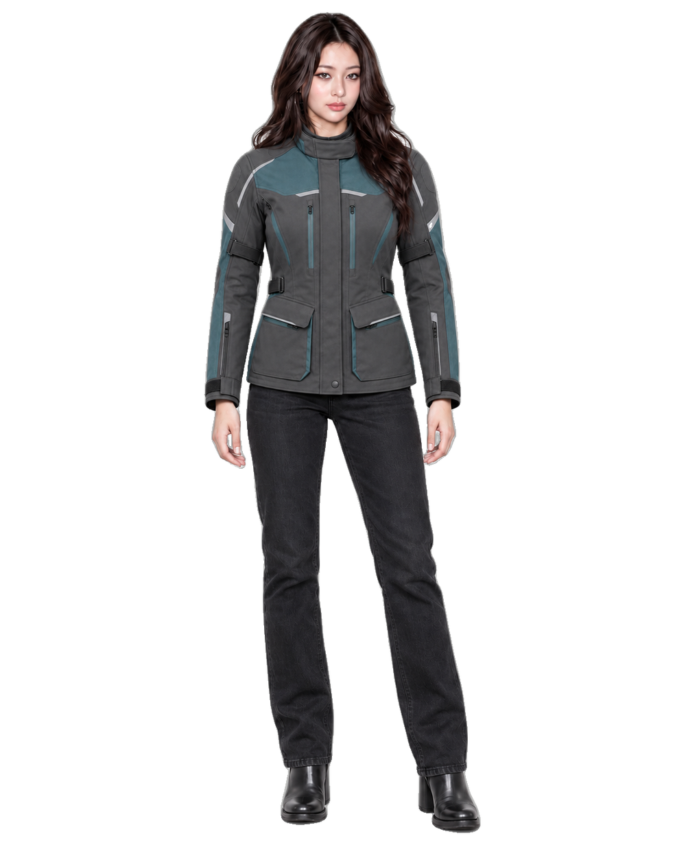 Aurora Passage Women's All-Season Motorcycle Jacket front view on female model with transparent background