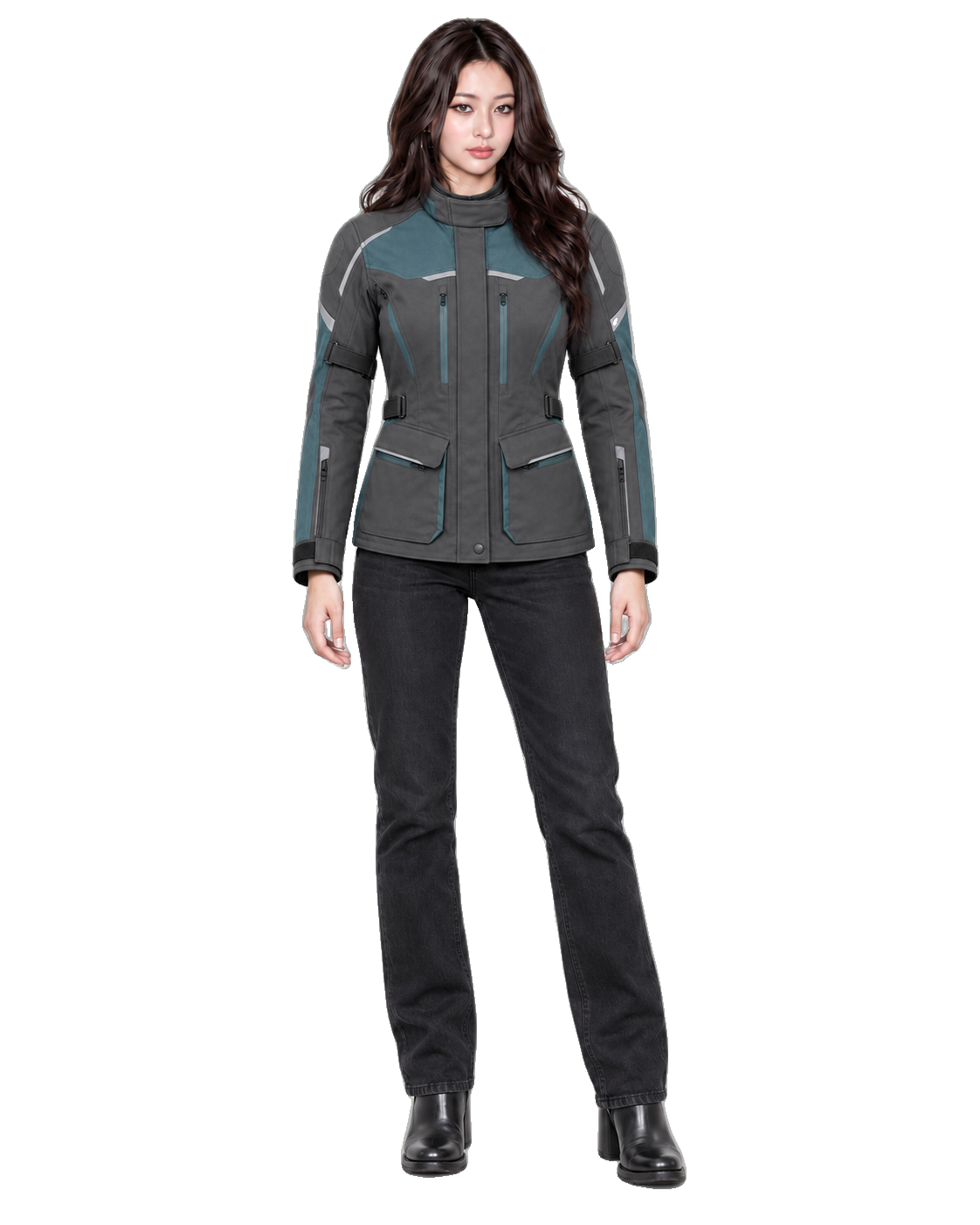 Aurora Passage Women's All-Season Motorcycle Jacket front view on female model with transparent background