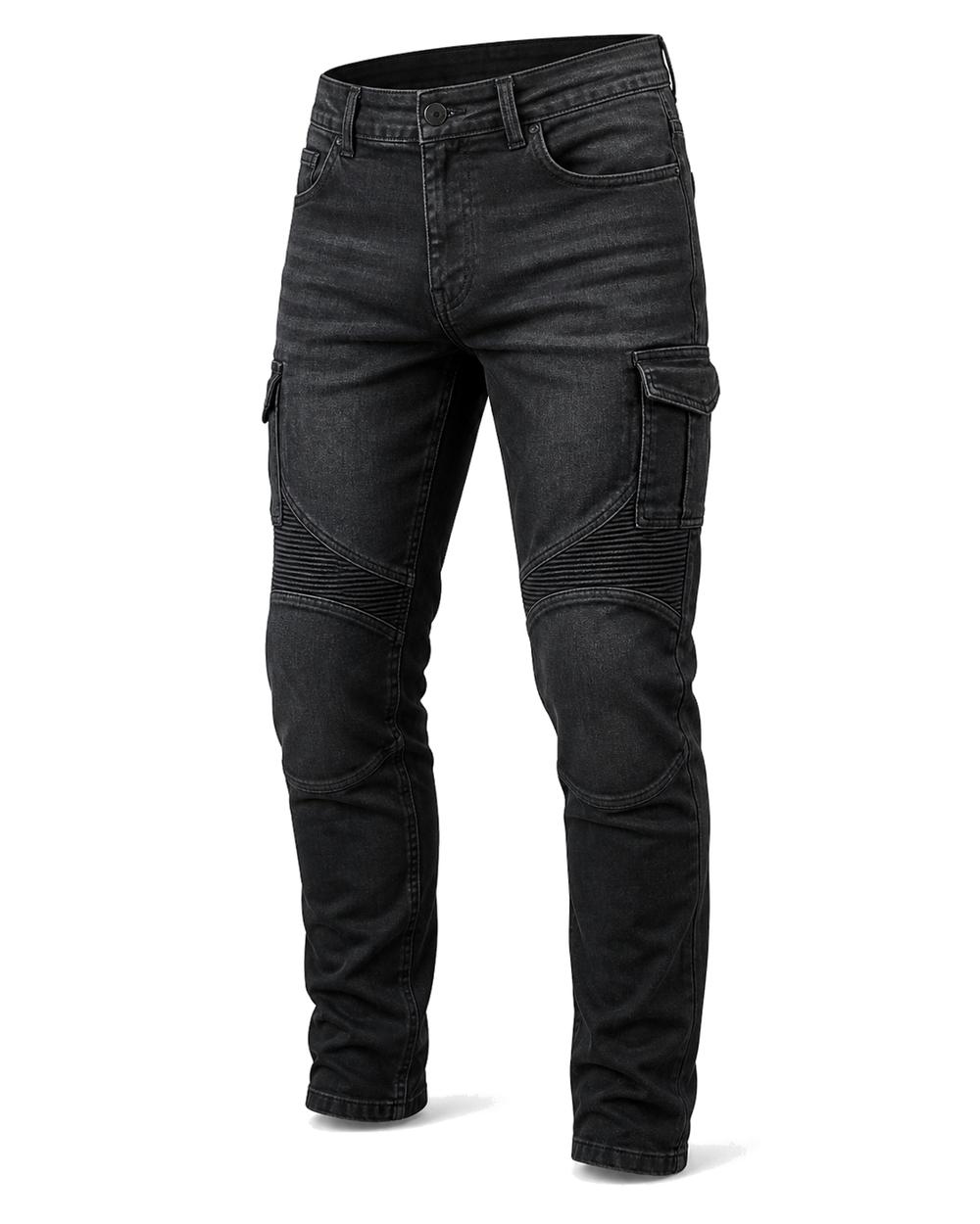 Blacktop Cargo Armored Motorcycle Riding Jeans front three-quarter view on light gray background