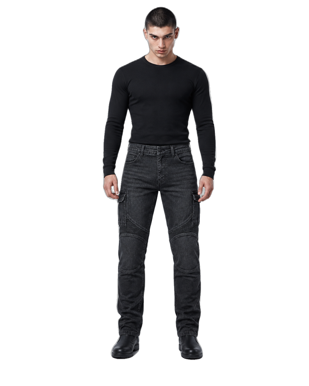 Blacktop Cargo Armored Motorcycle Riding Jeans front view on male model on transparent background