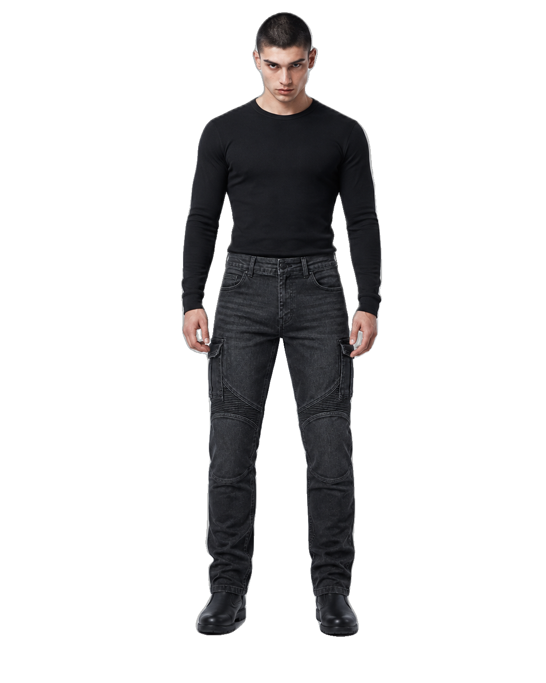 Blacktop Cargo Armored Motorcycle Riding Jeans front view on male model on transparent background