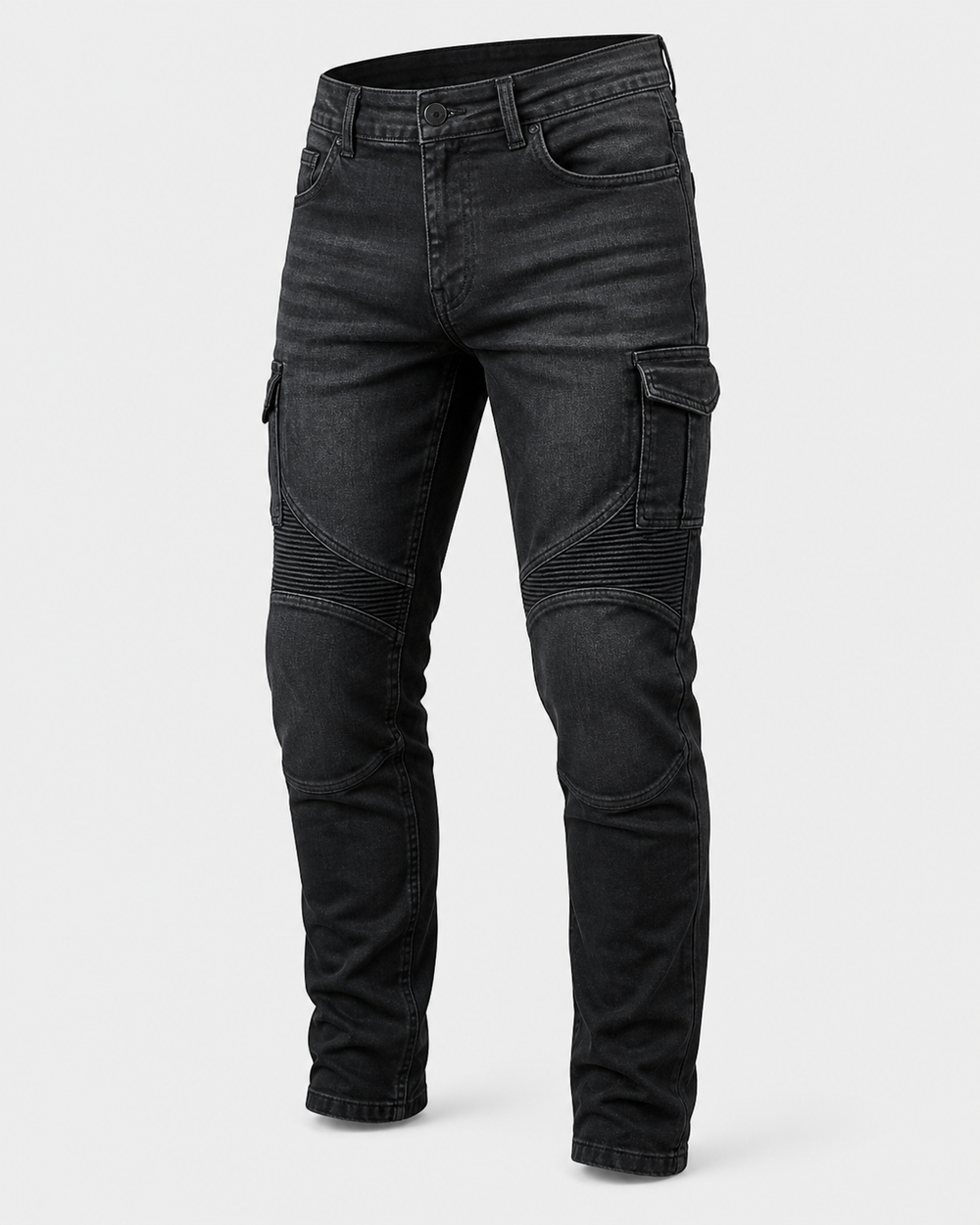 Blacktop Cargo Armored Motorcycle Riding Jeans front three-quarter view on light gray background