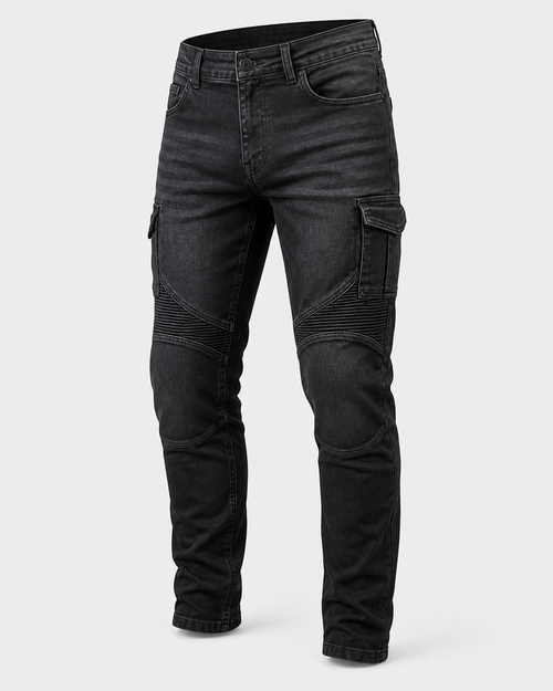 Blacktop Cargo Armored Motorcycle Riding Jeans front three-quarter view on light gray background