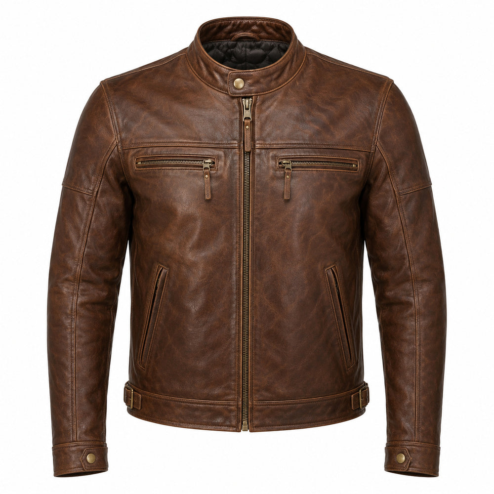 Blue Ember classic cruiser leather motorcycle jacket front hero view