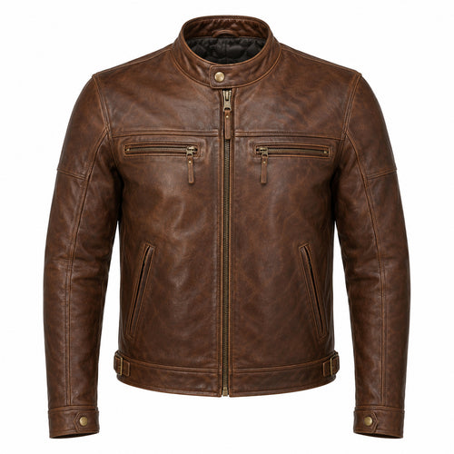 Blue Ember classic cruiser leather motorcycle jacket front hero view