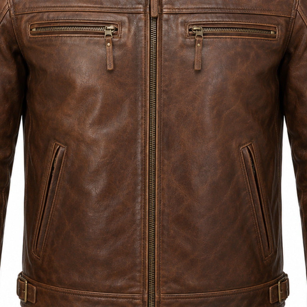 Blue Ember classic cruiser leather motorcycle jacket leather and hardware detail
