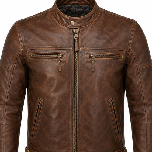 Blue Ember classic cruiser leather motorcycle jacket upper construction detail