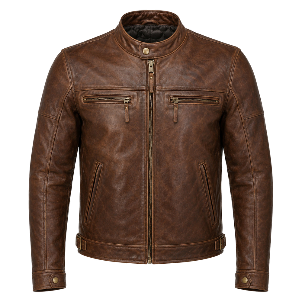 Blue Ember classic cruiser leather motorcycle jacket front hero view