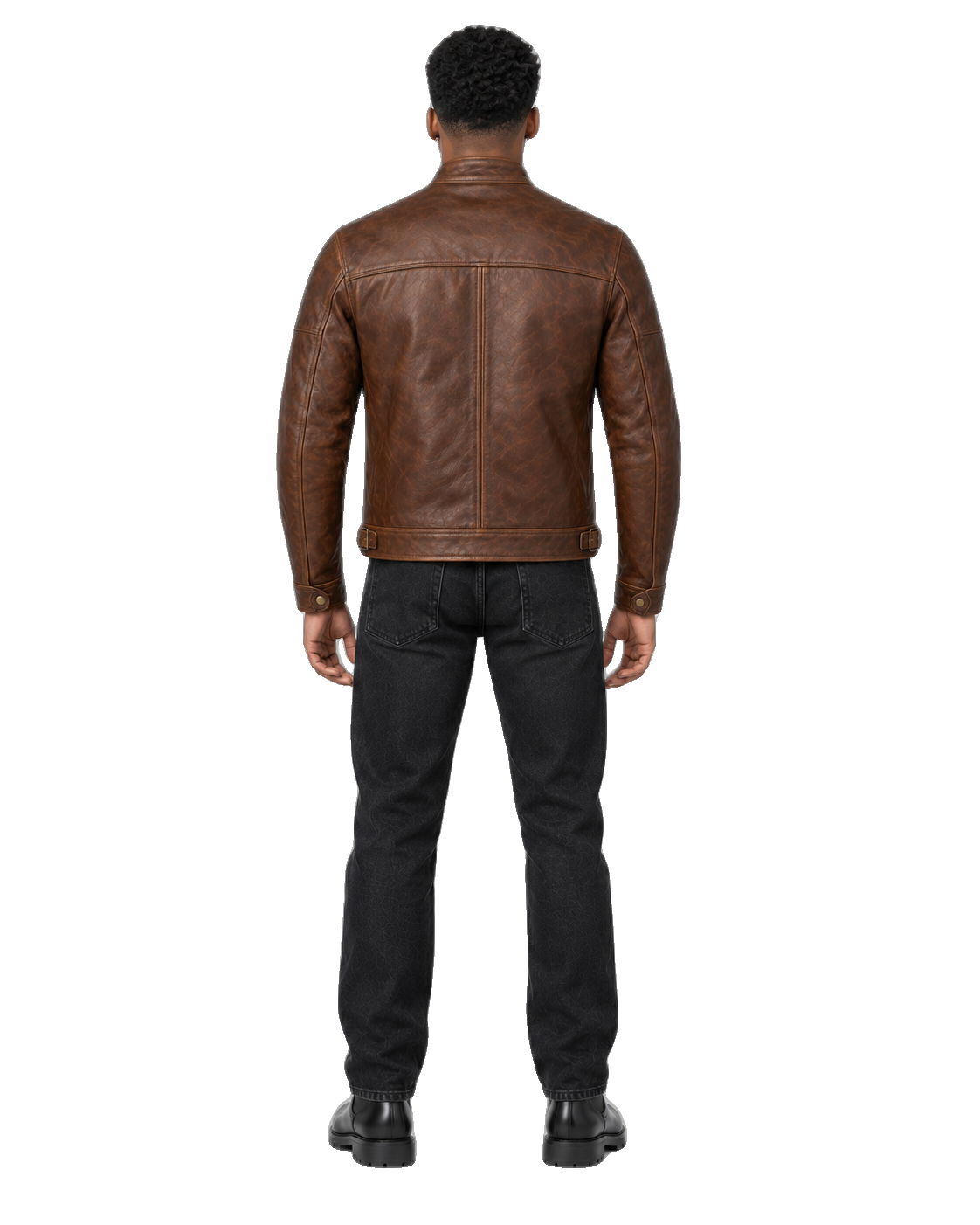 Blue Ember Retro Leather Cruiser Jacket back view on male model with transparent background