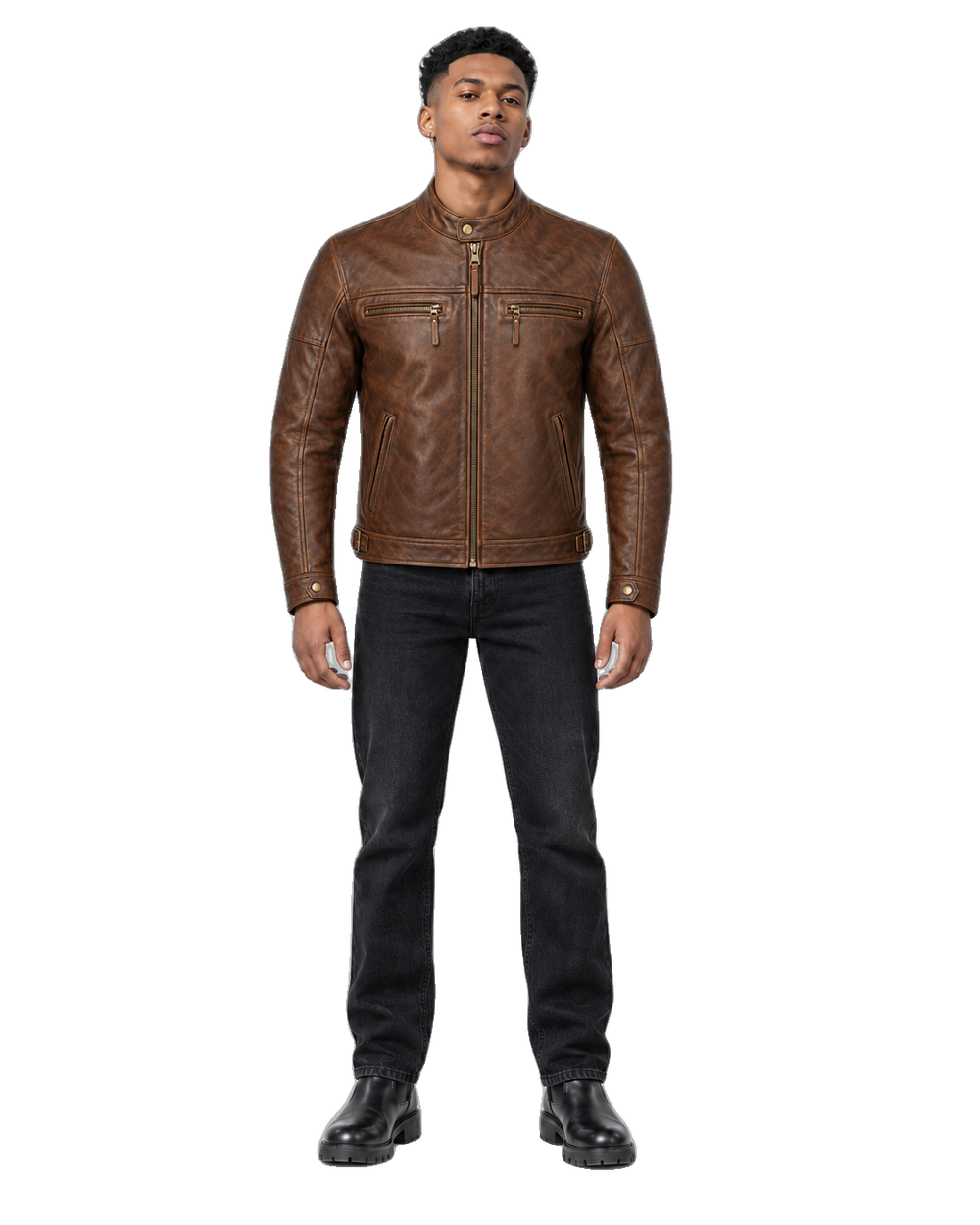 Blue Ember Retro Leather Cruiser Jacket front view on male model with transparent background