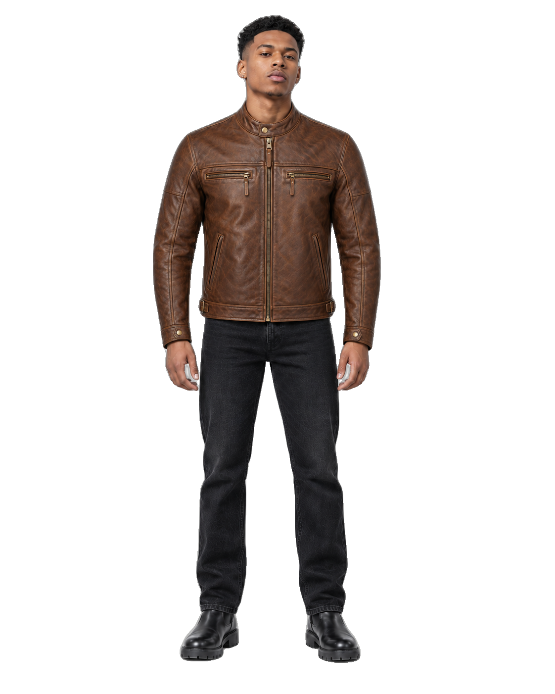 Blue Ember Retro Leather Cruiser Jacket front view on male model with transparent background